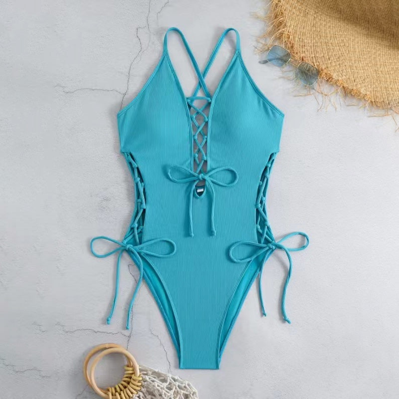 Lace-Up Crisscross Halter One-Piece Swimsuit