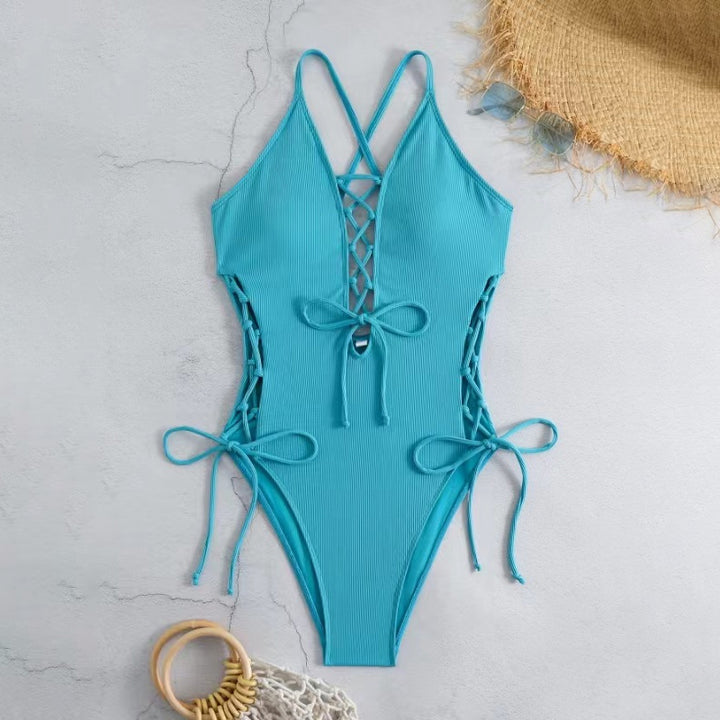 Lace-Up Crisscross Halter One-Piece Swimsuit