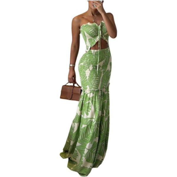 Strapless Leaf Print Maxi Dress