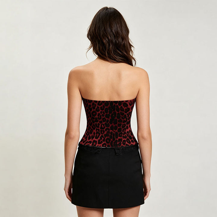 Leopard-print lace-trim tube top