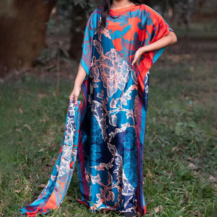 Satin Geometric Print Long Dress Set