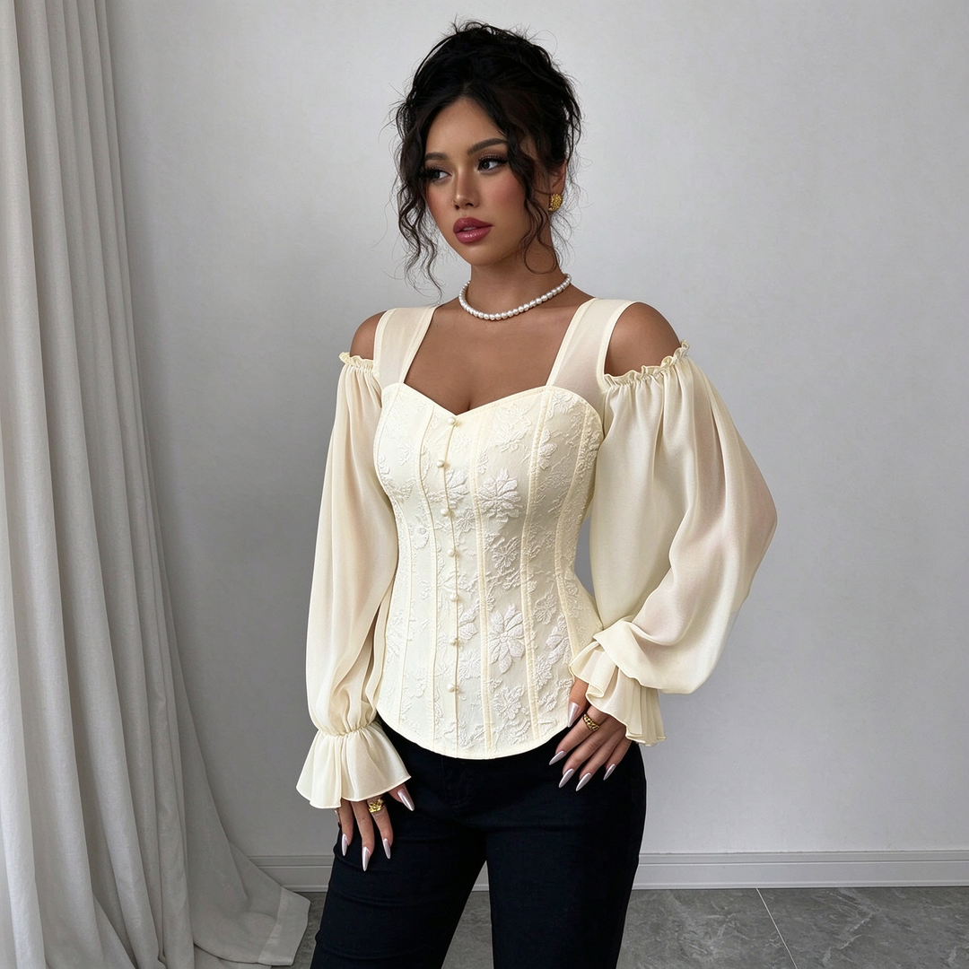 Ladies Elegant Cold Shoulder Floral Jacquard Shirt