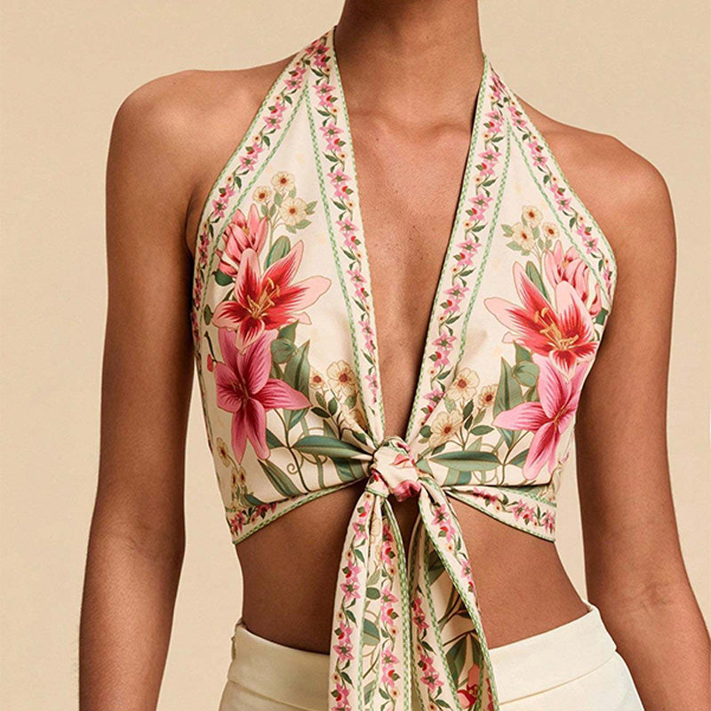 Bohemian floral backless tie-front top