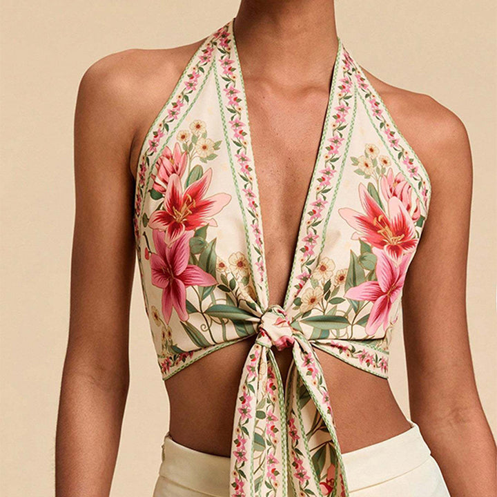 Bohemian floral backless tie-front top