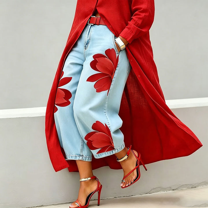 Printed straight-leg wide-leg cropped jeans