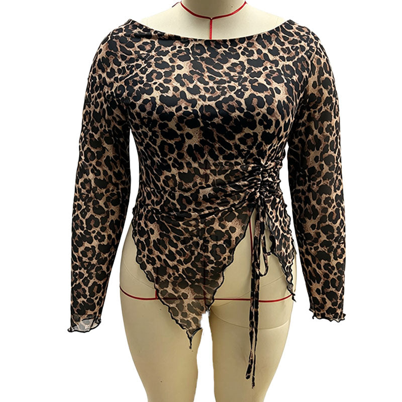 Plus-size leopard print one-shoulder drawstring top