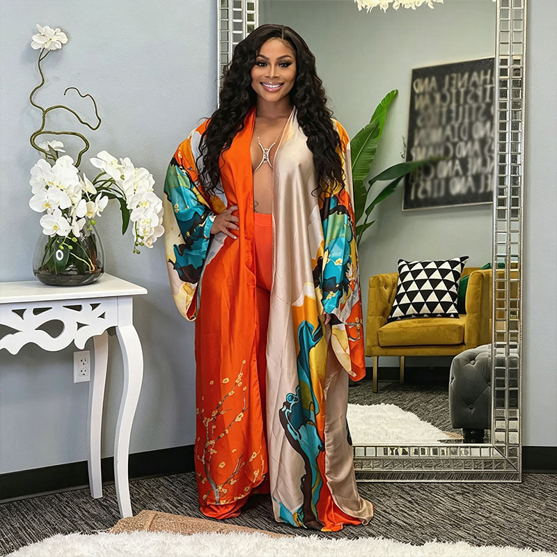 Art-print satin cardigan