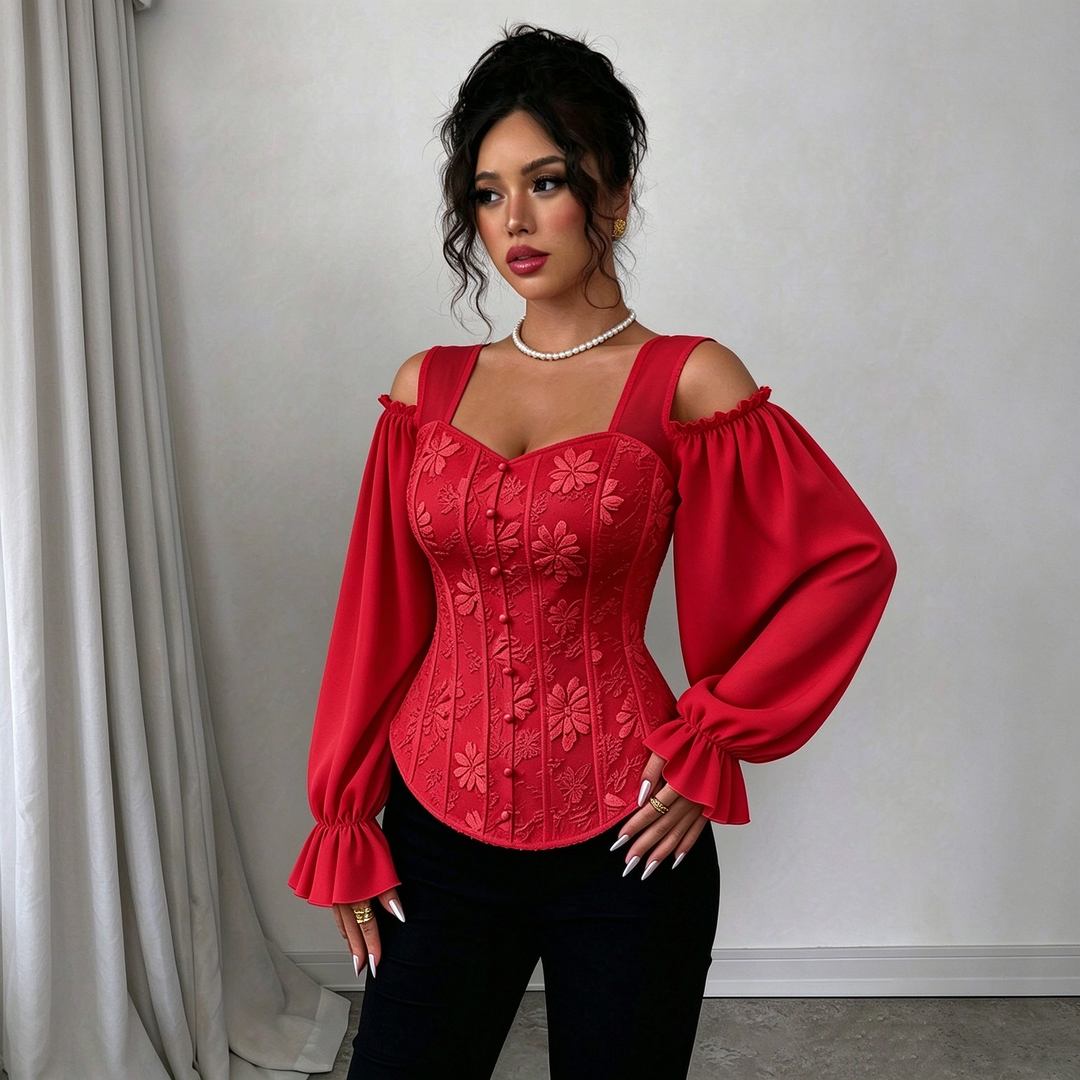 Ladies Elegant Cold Shoulder Floral Jacquard Shirt