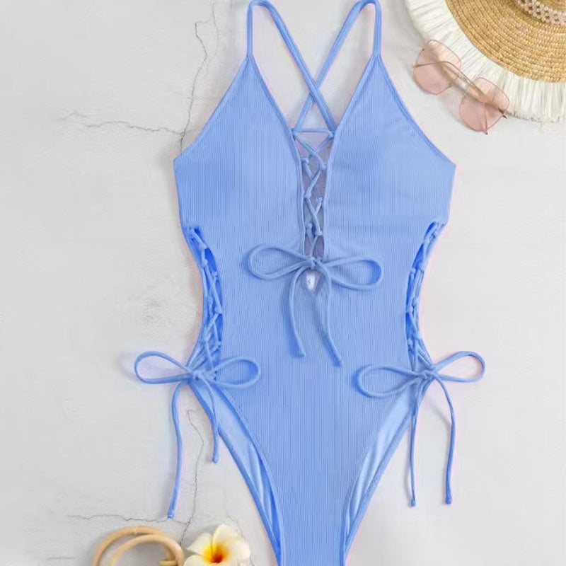 Lace-Up Crisscross Halter One-Piece Swimsuit