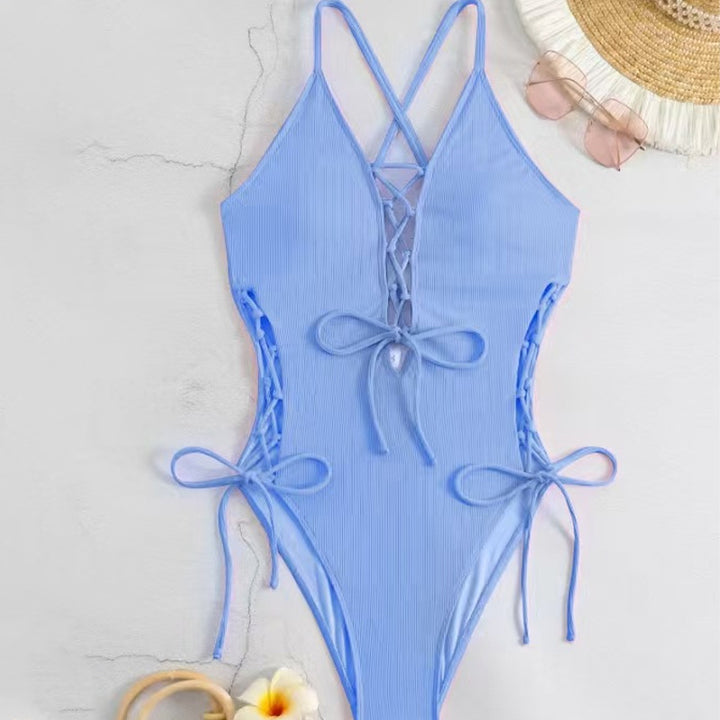 Lace-Up Crisscross Halter One-Piece Swimsuit
