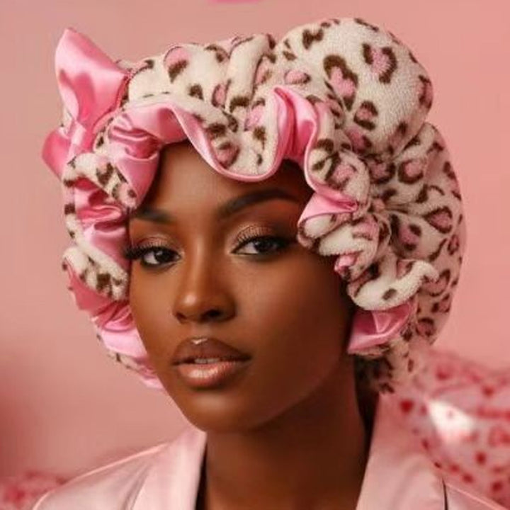 3D Ear Bow Leopard Print Satin Night Cap