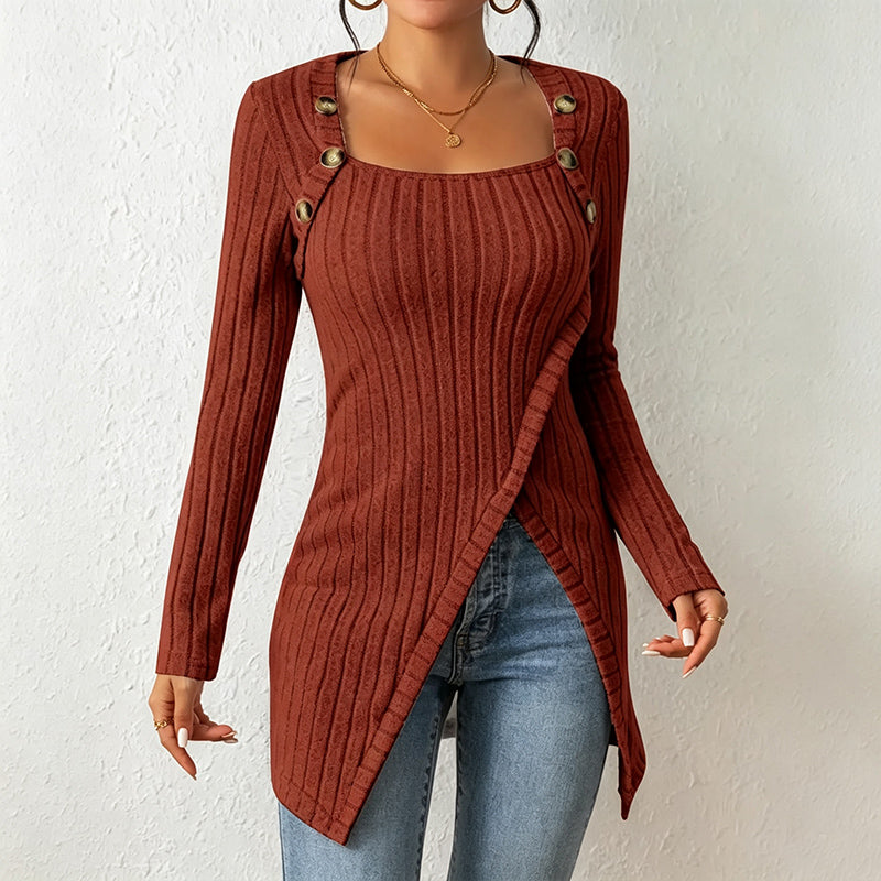Button Decor Asymmetric Split Hem Tunic