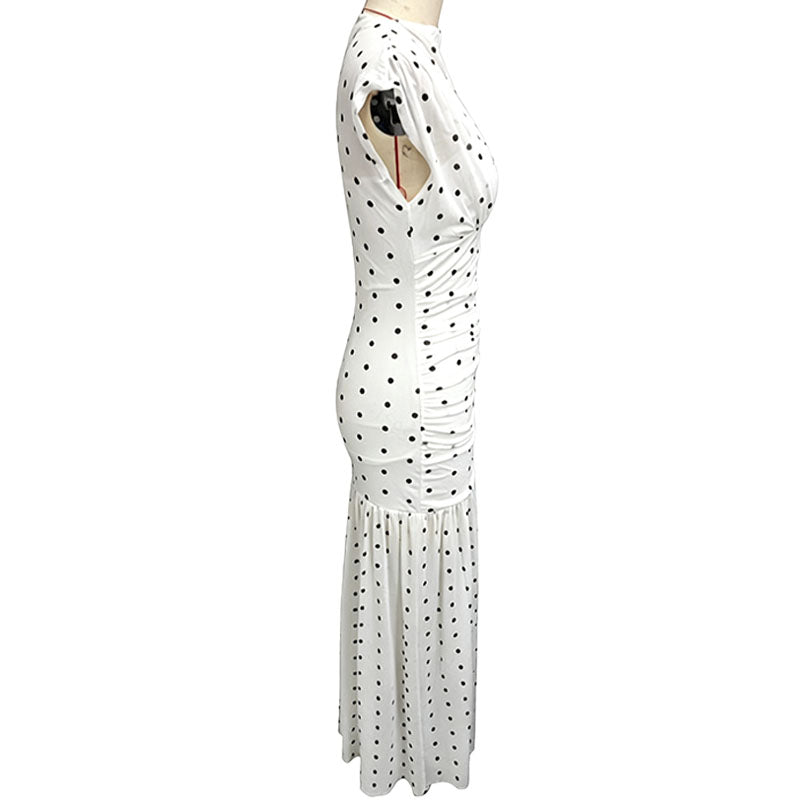 Polka-dot pleated waist-cinching dress