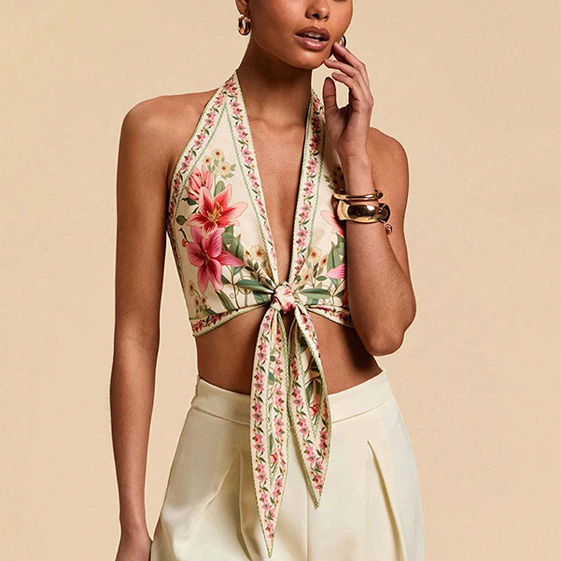 Bohemian floral backless tie-front top