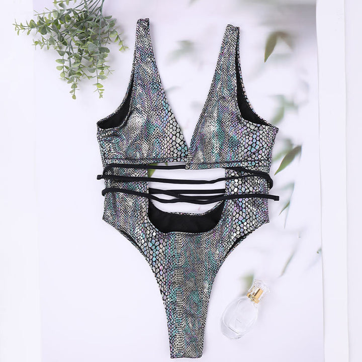 Deep V-neck backless snakeskin one-piece swimsuit