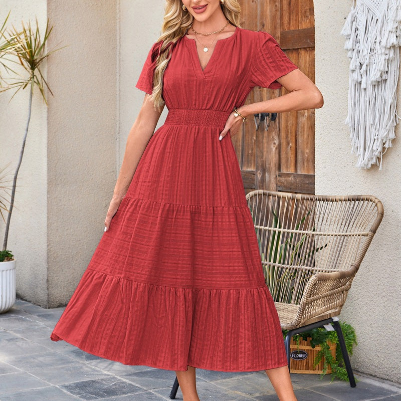 V-neck puff sleeve pleated midi dress