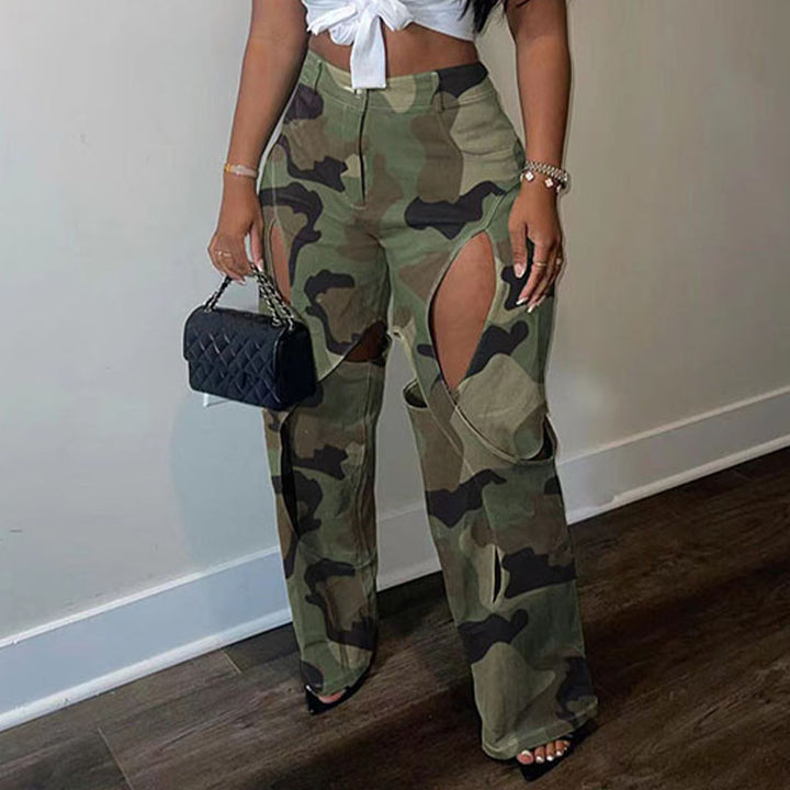 Cut-out camouflage high-waisted cargo pants