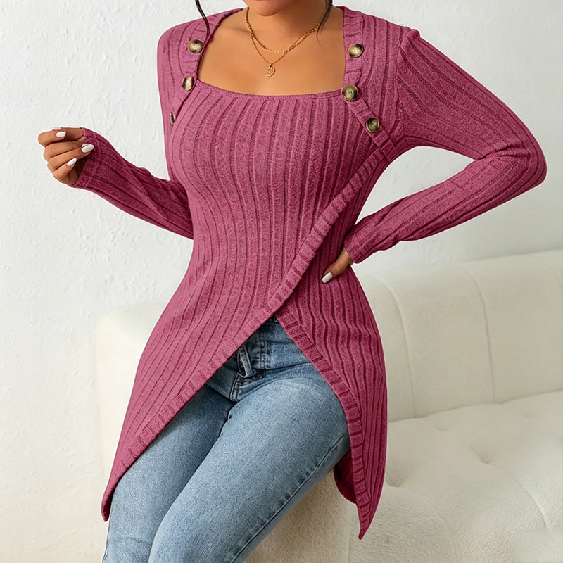 Button Decor Asymmetric Split Hem Tunic