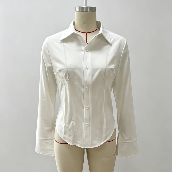Slim-fit V-neck waist-cinching long-sleeved shirt