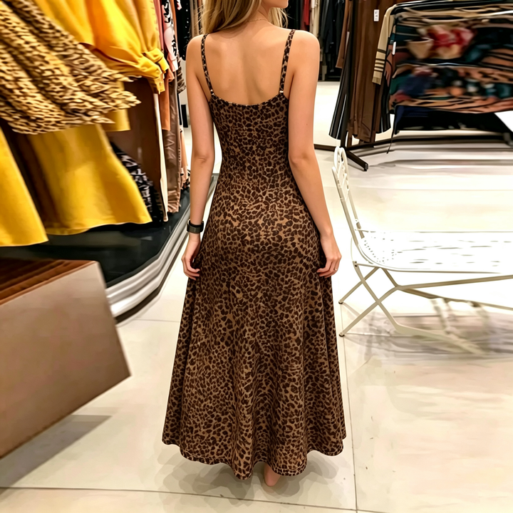 Leopard Butterfly Print V‑Neck Spaghetti‑Strap Maxi Dress