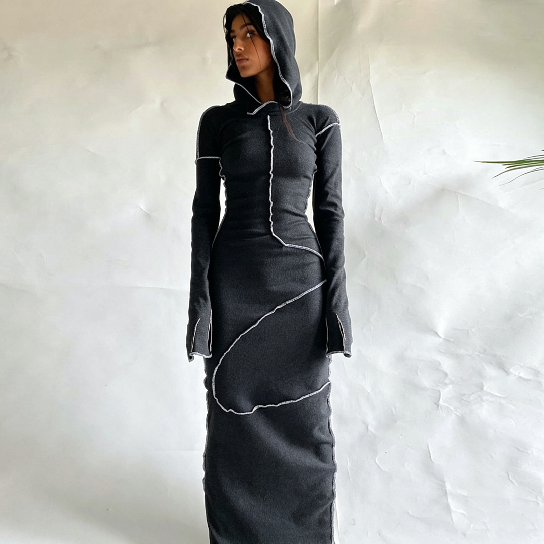 Contrast‑Stitch Hooded Bodycon Maxi Dress