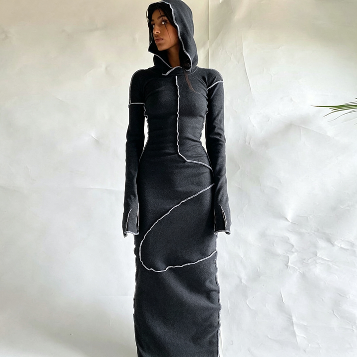 Contrast‑Stitch Hooded Bodycon Maxi Dress