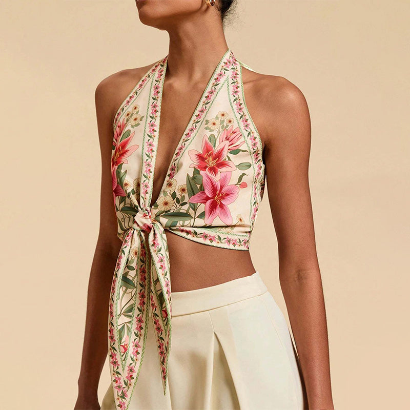 Bohemian floral backless tie-front top