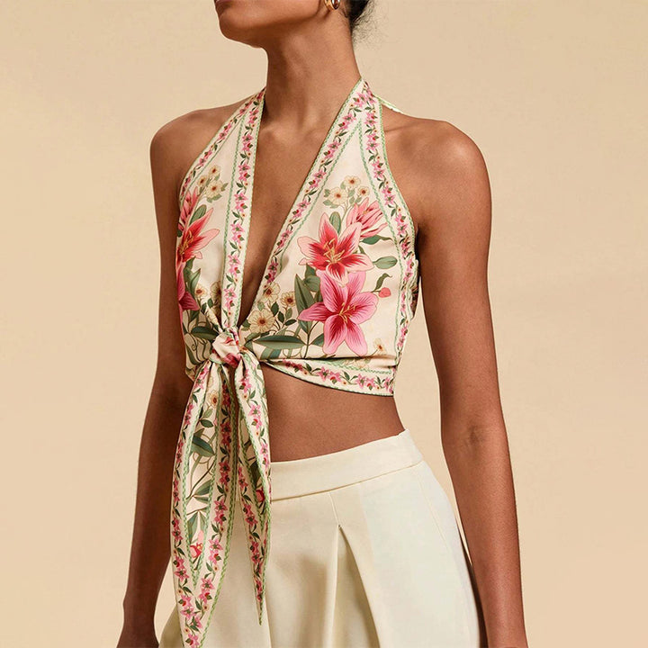 Bohemian floral backless tie-front top