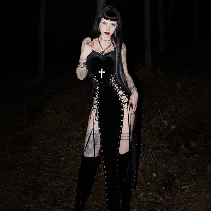 Dark Muse Lace-Up Split Maxi Dress