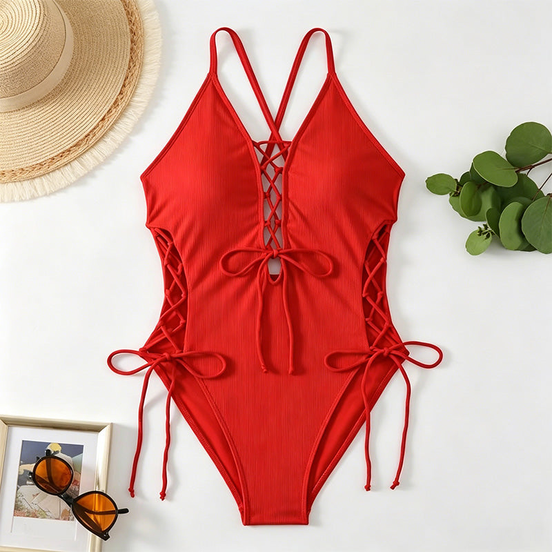 Lace-Up Crisscross Halter One-Piece Swimsuit