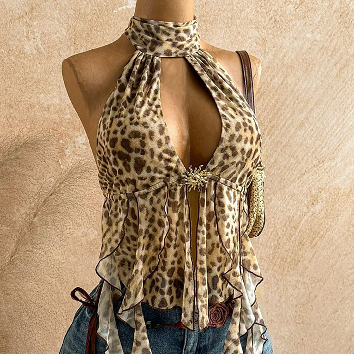 Leopard print deep V-neck open back camisole top