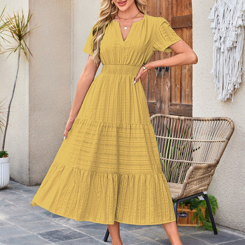 V-neck puff sleeve pleated midi dress