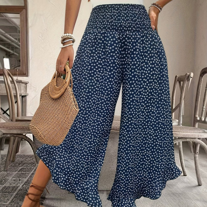 Casual printed high-waisted ruffle wide-leg pants