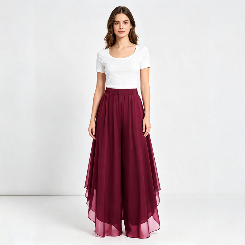 Irregular hem chiffon wide-leg pants