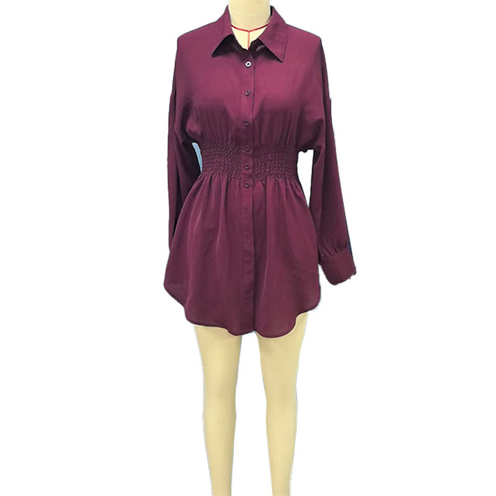 Pleated-waist collared shirt dress