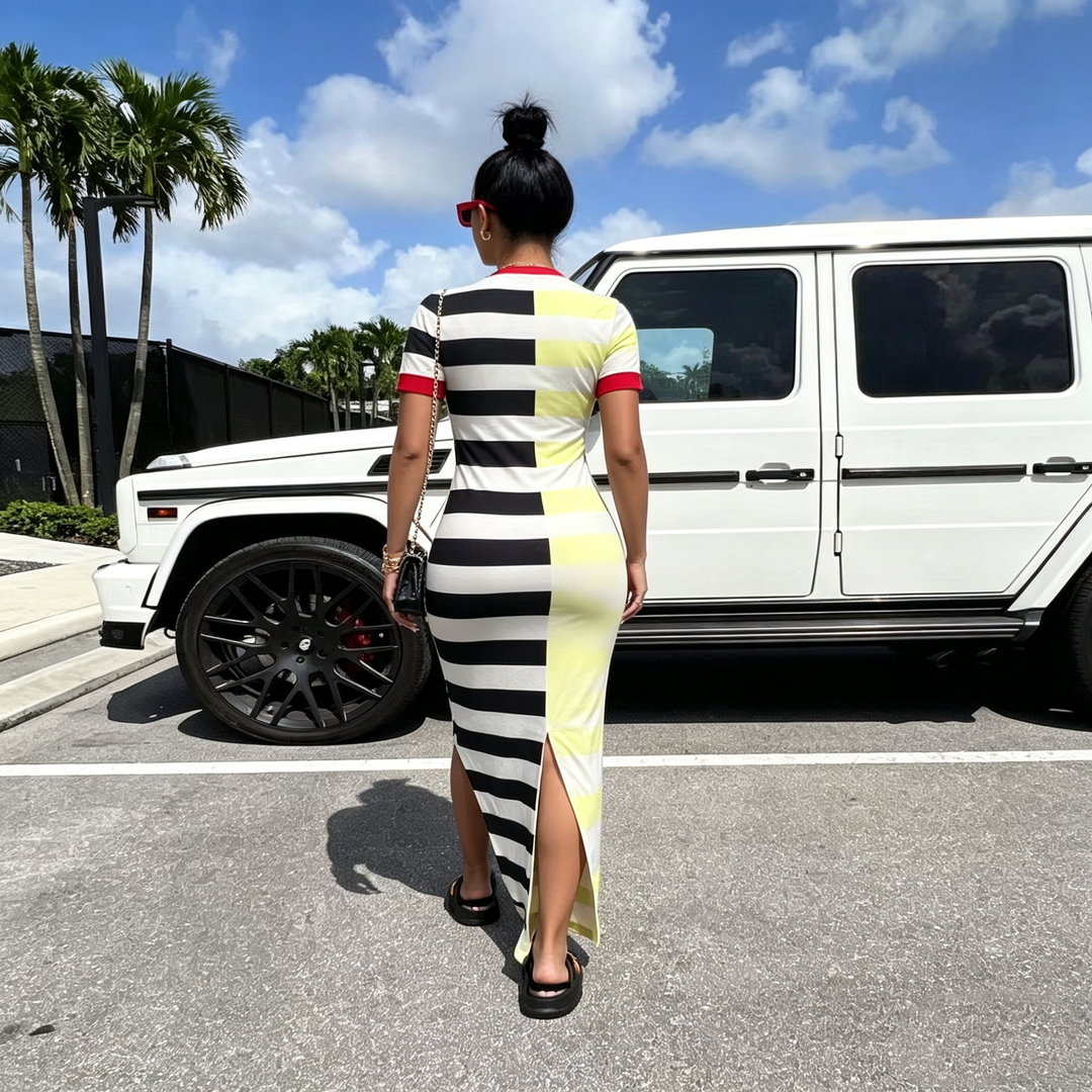 Color‑Block Striped Split Bodycon Maxi Dress