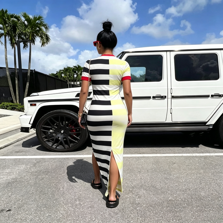 Color‑Block Striped Split Bodycon Maxi Dress
