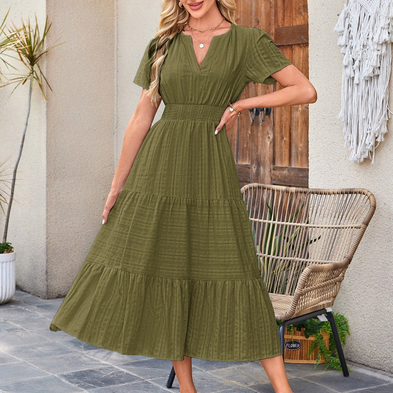 V-neck puff sleeve pleated midi dress