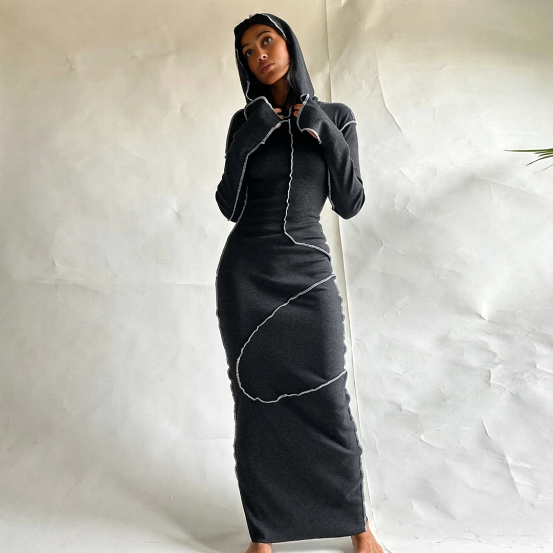 Contrast‑Stitch Hooded Bodycon Maxi Dress