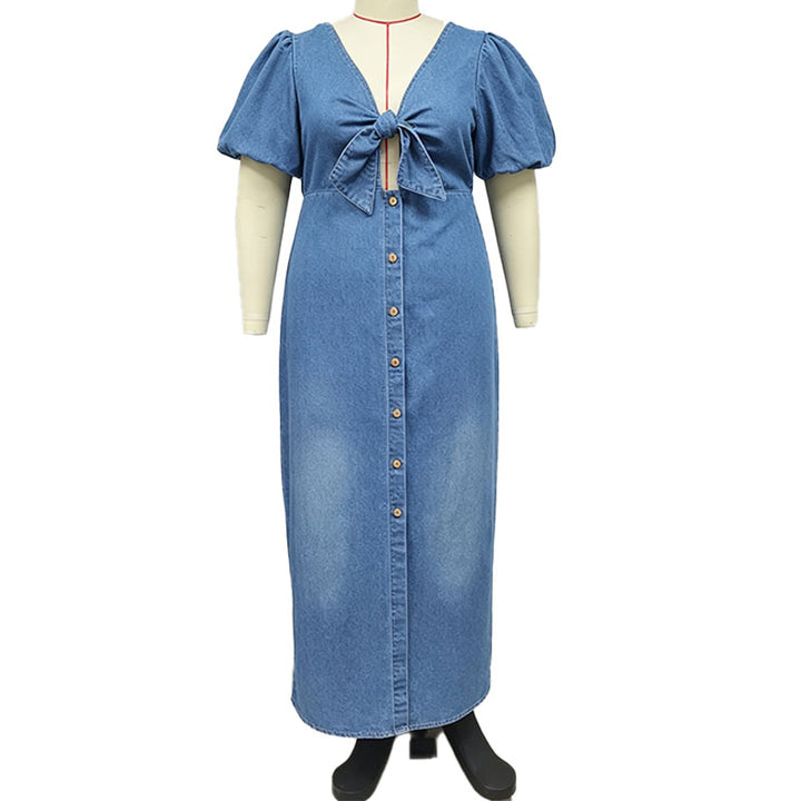 Plus-Size V-Neck Puff-Sleeve Slit Denim Dress