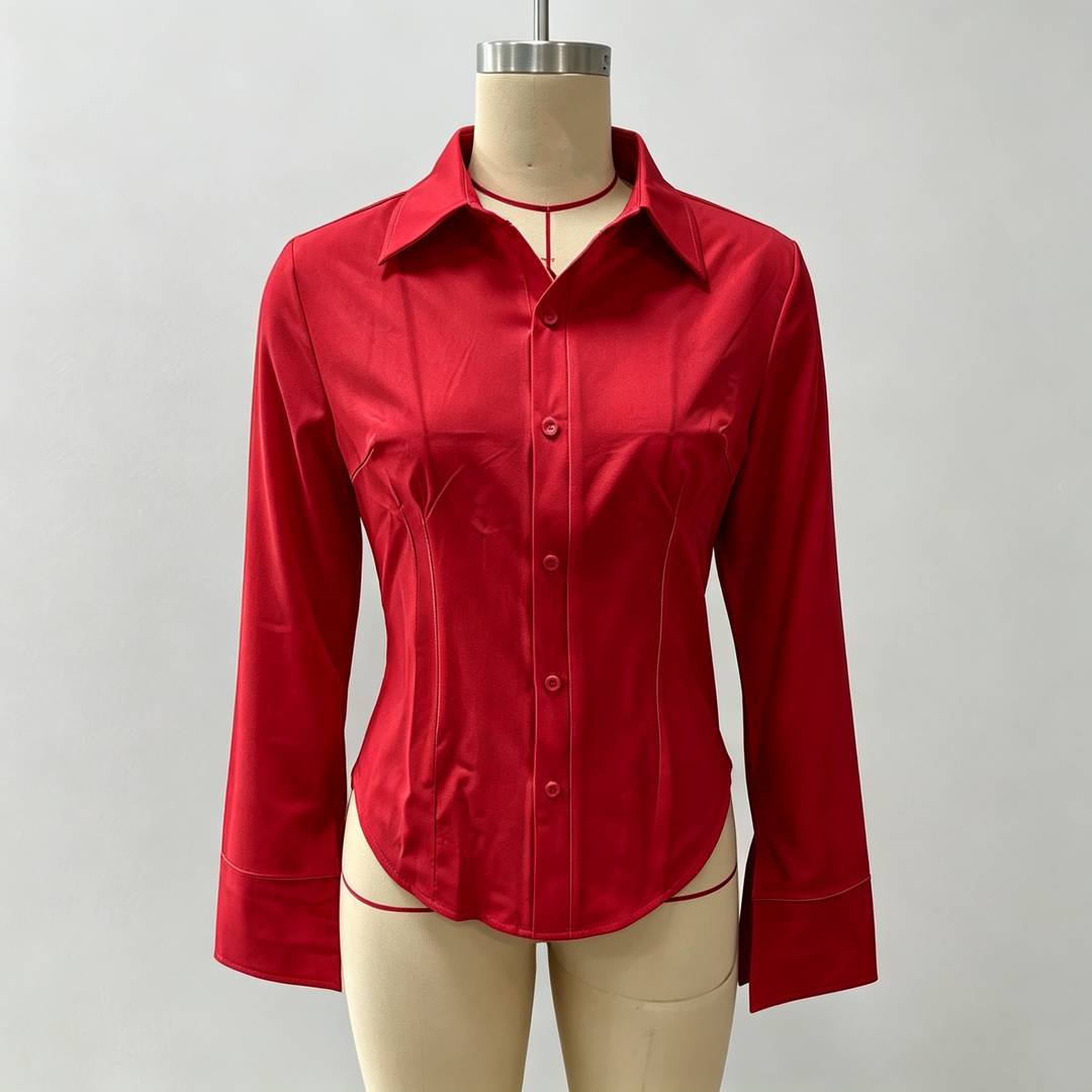 Slim-fit V-neck waist-cinching long-sleeved shirt