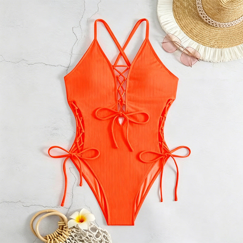 Lace-Up Crisscross Halter One-Piece Swimsuit