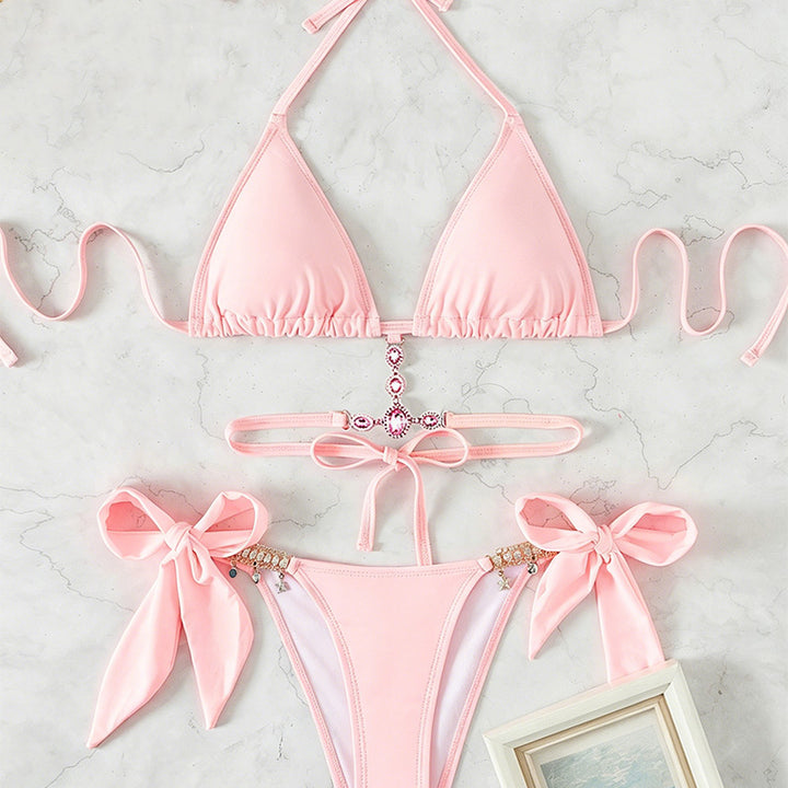 Halter-neck rhinestone strap triangle bikini set