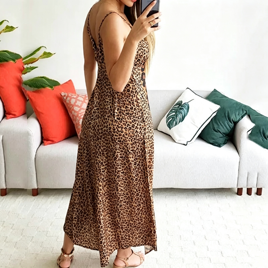 Leopard Butterfly Print V‑Neck Spaghetti‑Strap Maxi Dress