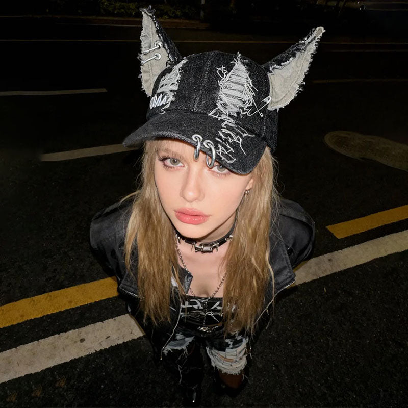 Ripped denim animal ear street style hat
