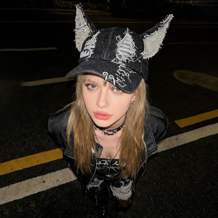 Ripped denim animal ear street style hat