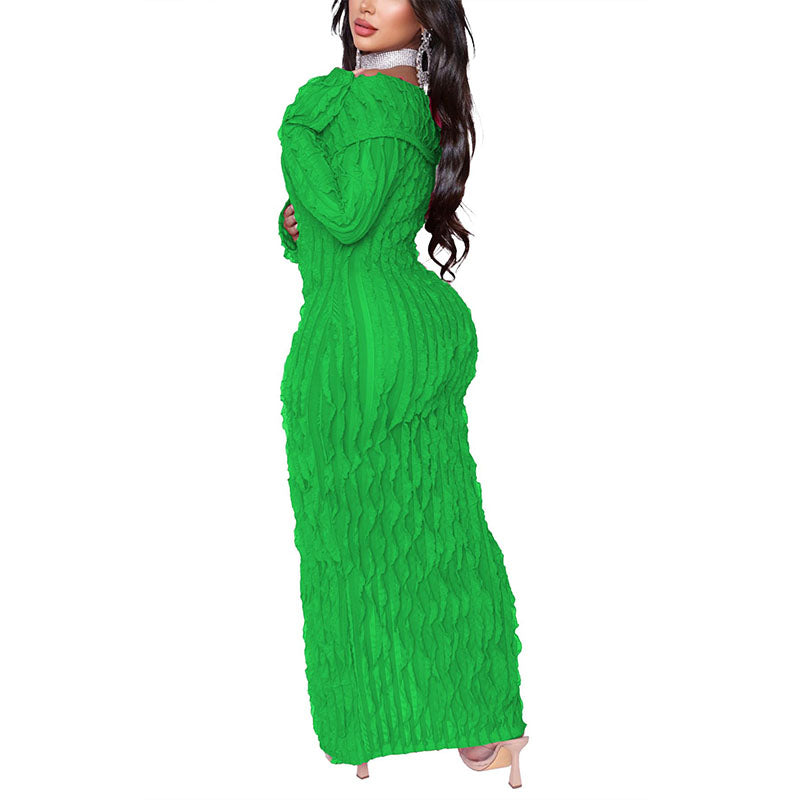 Front-slit wavy-patterned fitted long-sleeved dress