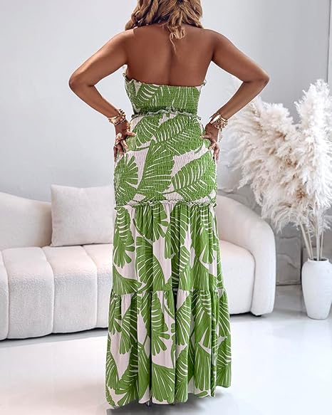 Strapless Leaf Print Maxi Dress