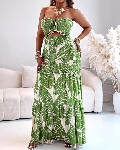 Strapless Leaf Print Maxi Dress