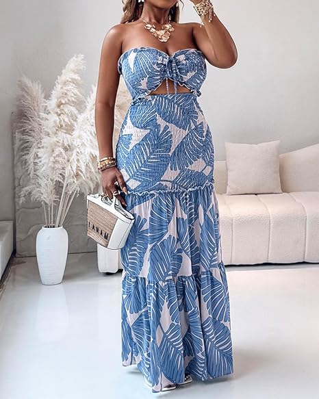Strapless Leaf Print Maxi Dress